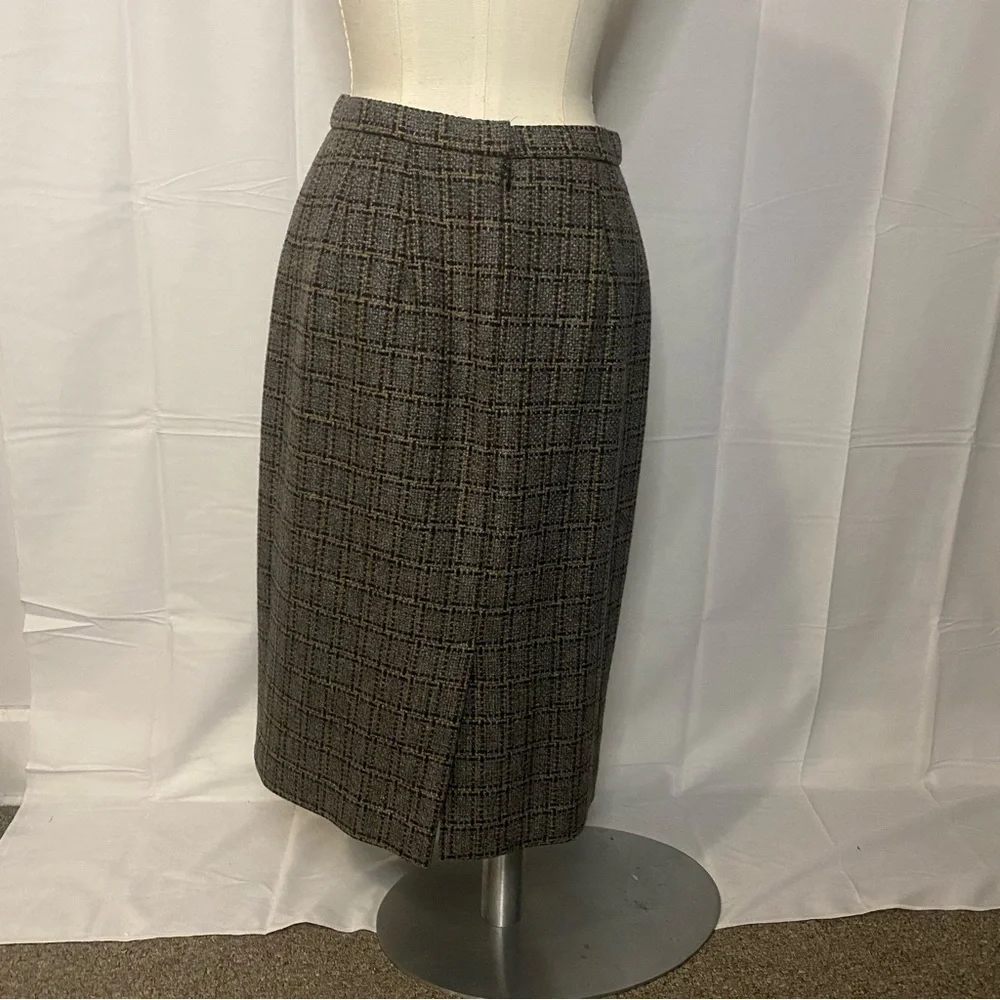 Pendleton Grey Wool Plaid Tan Black Grid Knee Length Midi Skirt size 12